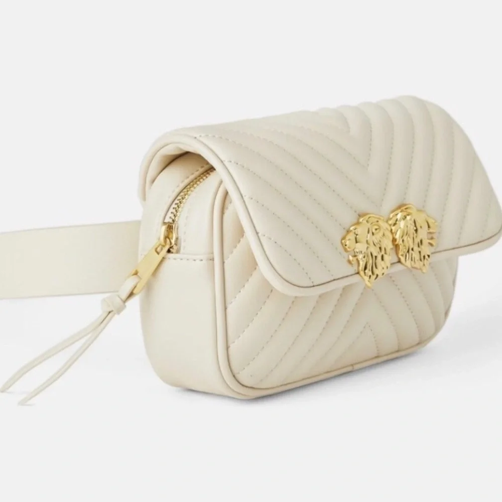 ZARA Double Lion Head Ivory Cross-Body Bag Adjustable with Gold Tone Accents NWT